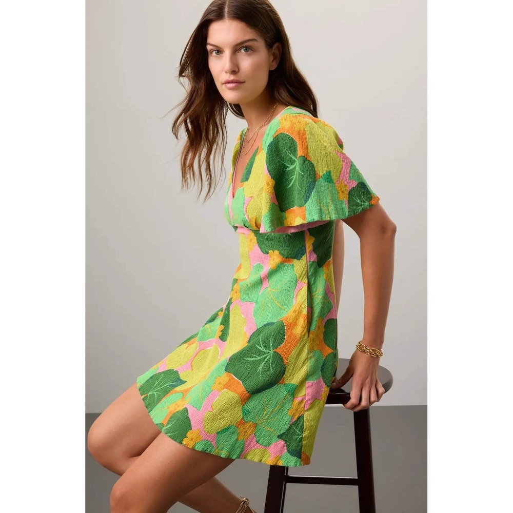 Kate‎ Spade Cucumber Floral Mini Dress Green Yellow Smocked V Neck Sz 2